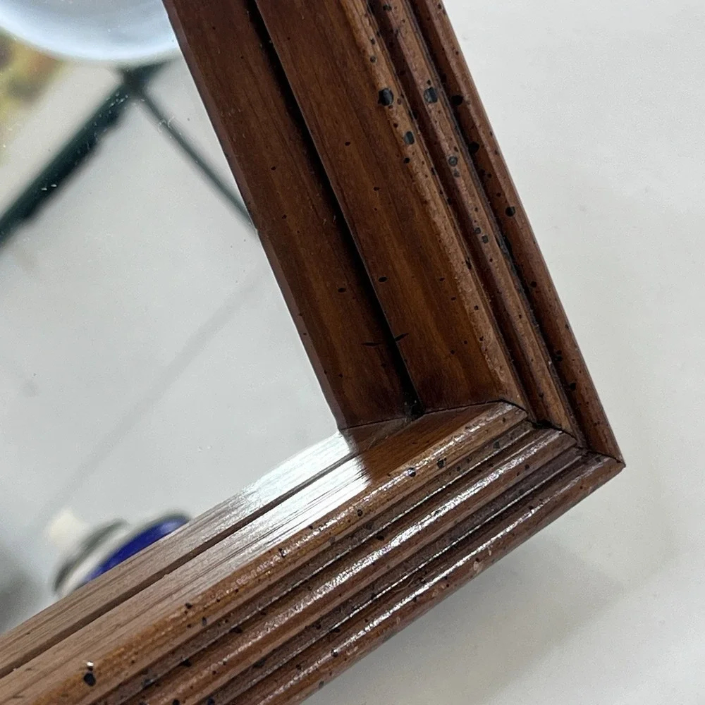 Carved Wood Square Wall Mirror 8x8 Brown Frame Diamond Hang Option